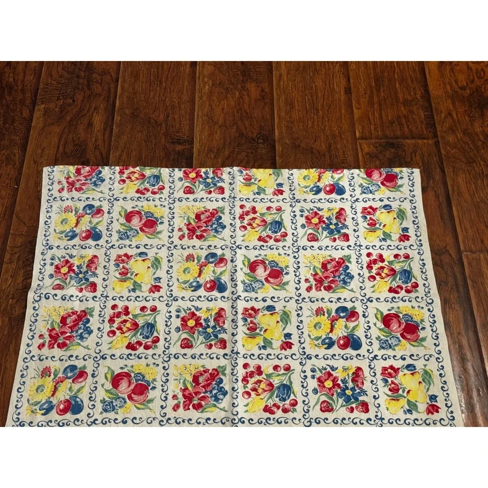 Vintage Fruit Floral Tile Print Fringed Linen Kitchen Towel Table Runner 47x29